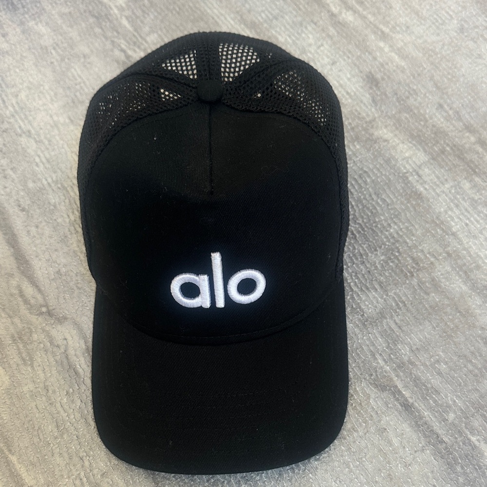 ALO Yoga Black Trucker Cap with White Logo